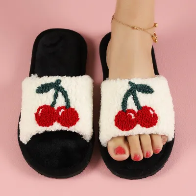 Fashion Cherry Plush Slippers for Women Thickening Warm Indoor Home Shoes