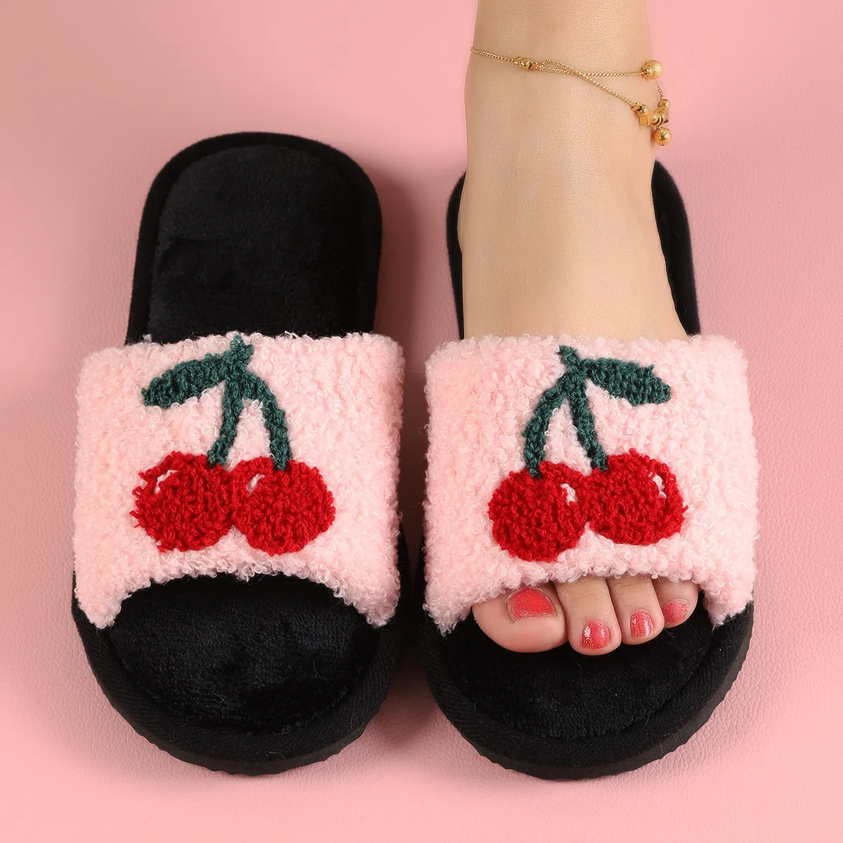 Fashion Cherry Plush Slippers for Women Thickening Warm Indoor Home Shoes