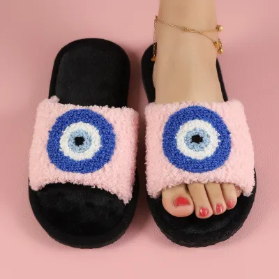 Women's Fashion Evil Eye Plush Slippers for Autumn Winter Cozy Indoor Use