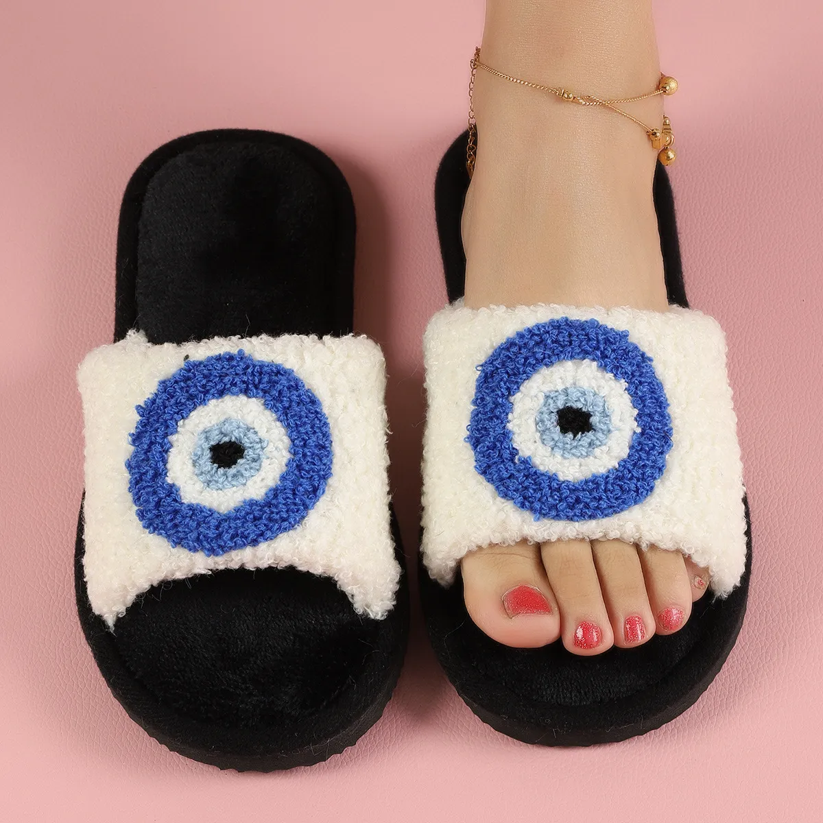 Women's Fashion Evil Eye Plush Slippers for Autumn Winter Cozy Indoor Use