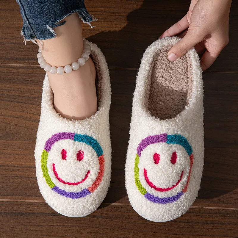 Autumn Winter Smiley Cartoon Plush Slippers with Teddy Upper and TPR Sole