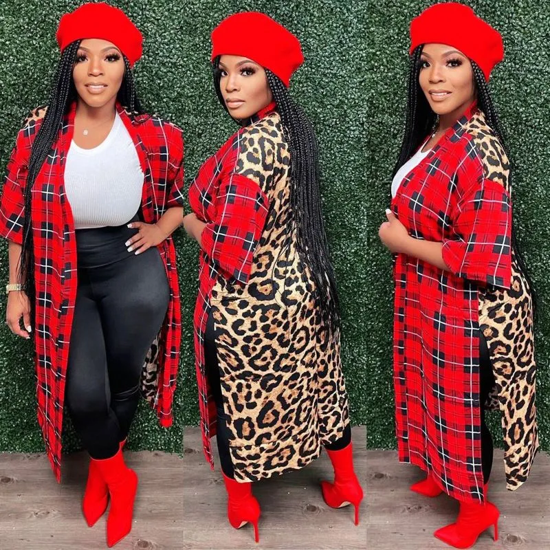 M20788 Women's Red Leopard Print Cardigan Coat - Elegant Style Cropped Commuting Wear