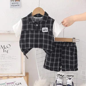 Boys Fashionable Plaid Shirt and Shorts Two-Piece Set Cotton Pullover Outfit