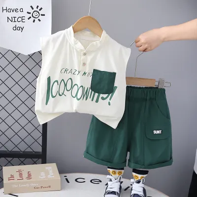 Baby Boy Sleeveless Letter Print Cotton Two-Piece Set Top and Shorts