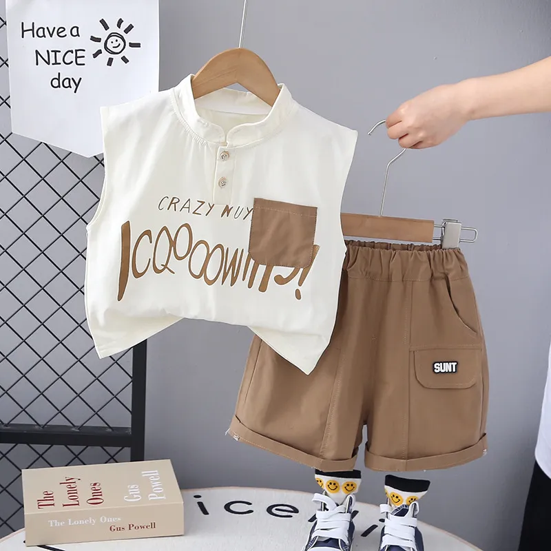 Baby Boy Sleeveless Letter Print Cotton Two-Piece Set Top and Shorts