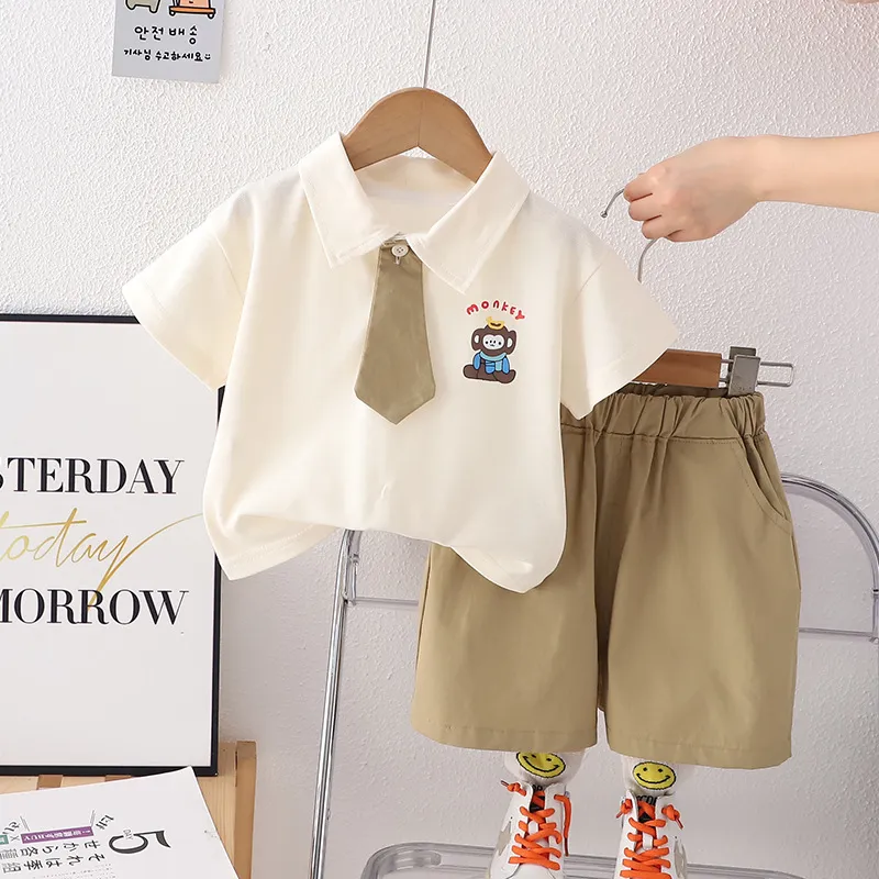 Boy's Fashion Two-Piece Lapel Top - Cotton Cartoon Short Sleeve Pullover and Shorts Set for Baby Boys 0-3T