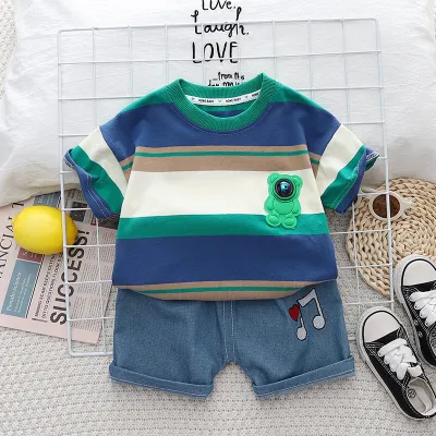 Boys Fashionable Stripe Short Sleeve Top and Shorts Two-Piece Cotton Set