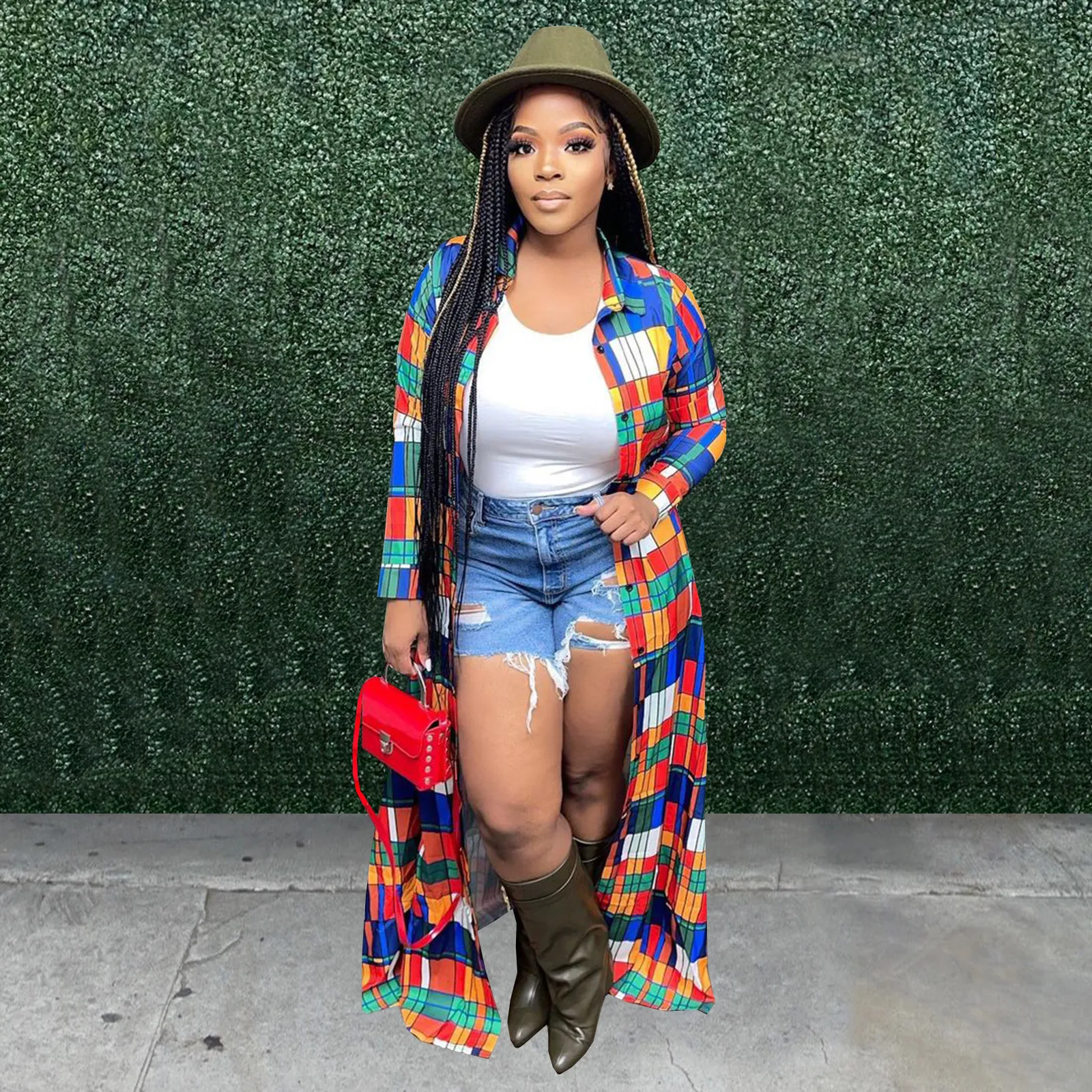 Women Long Sleeve Color Block Plaid Over-Length Shacket Coat