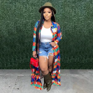 Women Long Sleeve Color Block Plaid Over-Length Shacket Coat