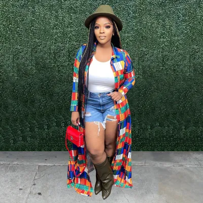 Women Long Sleeve Color Block Plaid Over-Length Shacket Coat