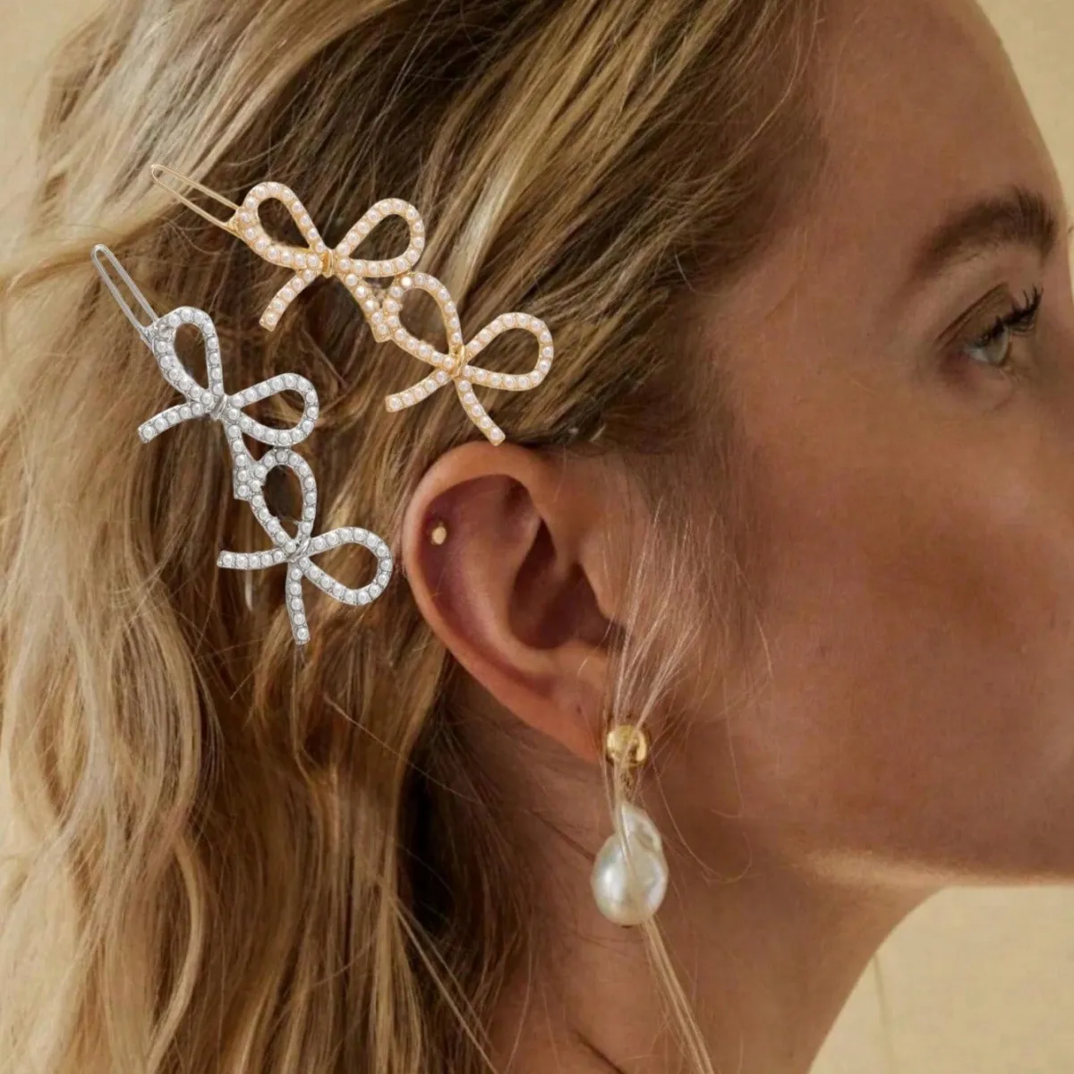 Women Fashion Bow Rhinestone Hairpin Side Clip Fresh Sweet