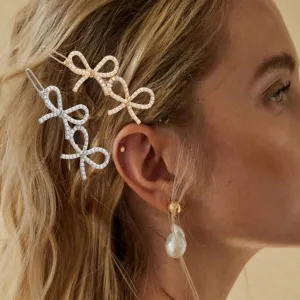 Women Fashion Bow Rhinestone Hairpin Side Clip Fresh Sweet