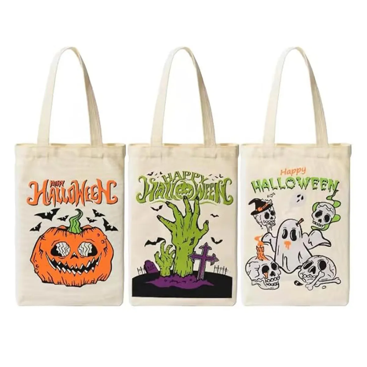 Halloween Cartoon Pumpkin Ghost Canvas Tote Bag with DIY Style