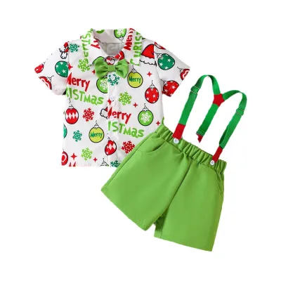 Kids Toddler Boys Cute Christmas Cartoon Print Short Sleeve Shirt Shorts Set