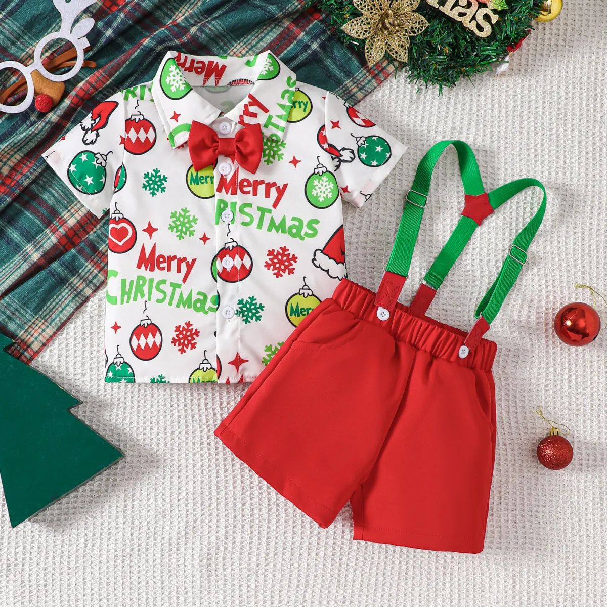Kids Toddler Boys Cute Christmas Cartoon Print Short Sleeve Shirt Shorts Set