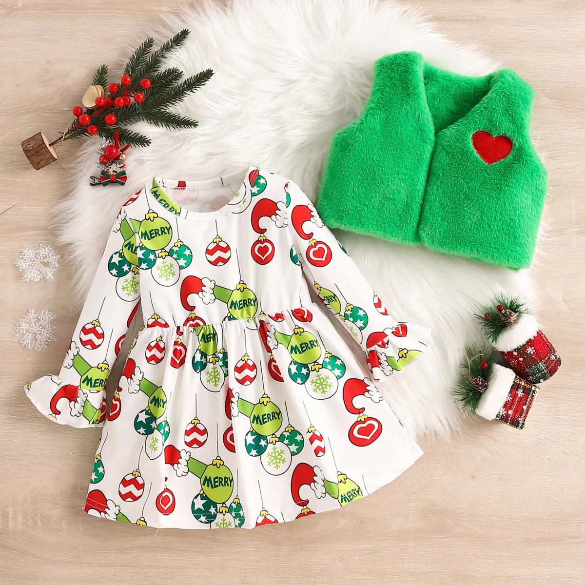 Kids Toddler Girls Casual Cute Christmas Cartoon Print Long Sleeve Dress Vest Set