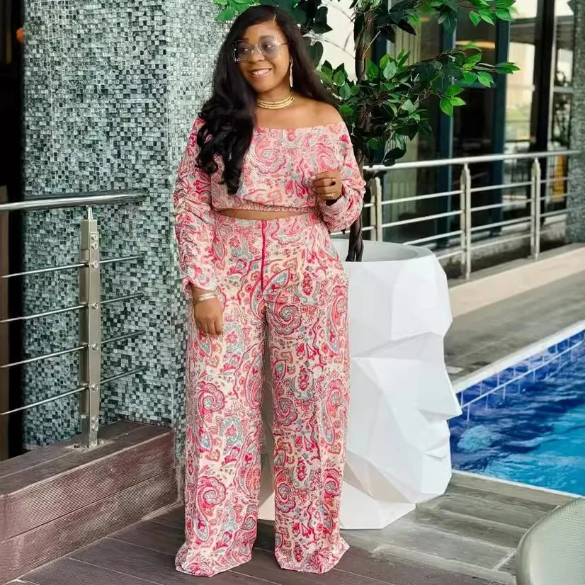 Women Fashion Print Shoulder Top And Wide Leg Two-Piece Set