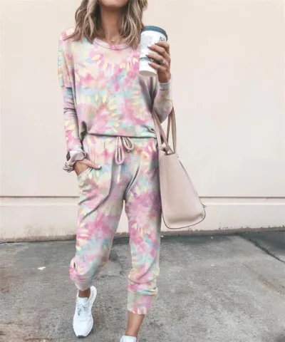 Athleisure Women Fashion Tie-Dye Print Long Sleeve Sweatshirt And Pants Two-Piece Set