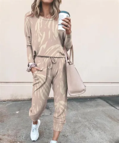 Athleisure Women Fashion Tie-Dye Print Long Sleeve Sweatshirt And Pants Two-Piece Set