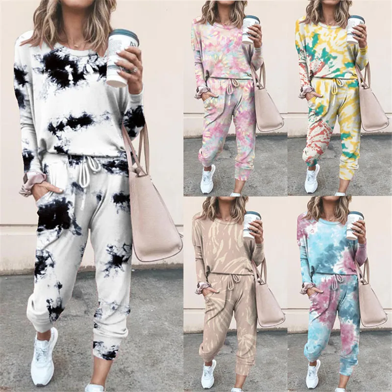 Athleisure Women Fashion Tie-Dye Print Long Sleeve Sweatshirt And Pants Two-Piece Set