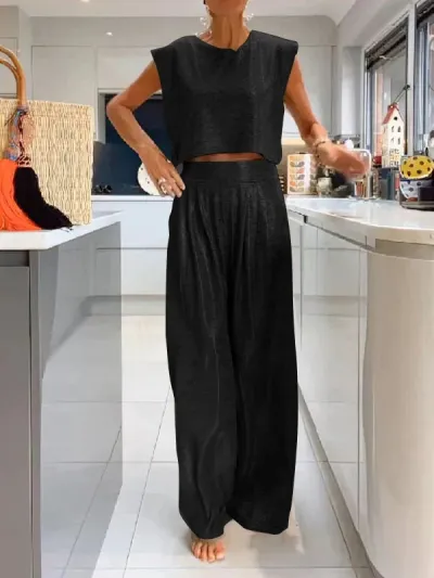 Women Fashion Solid Color Sleeveless Top And Wide Leg Pants Two-Piece Set