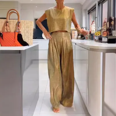 Women Fashion Solid Color Sleeveless Top And Wide Leg Pants Two-Piece Set