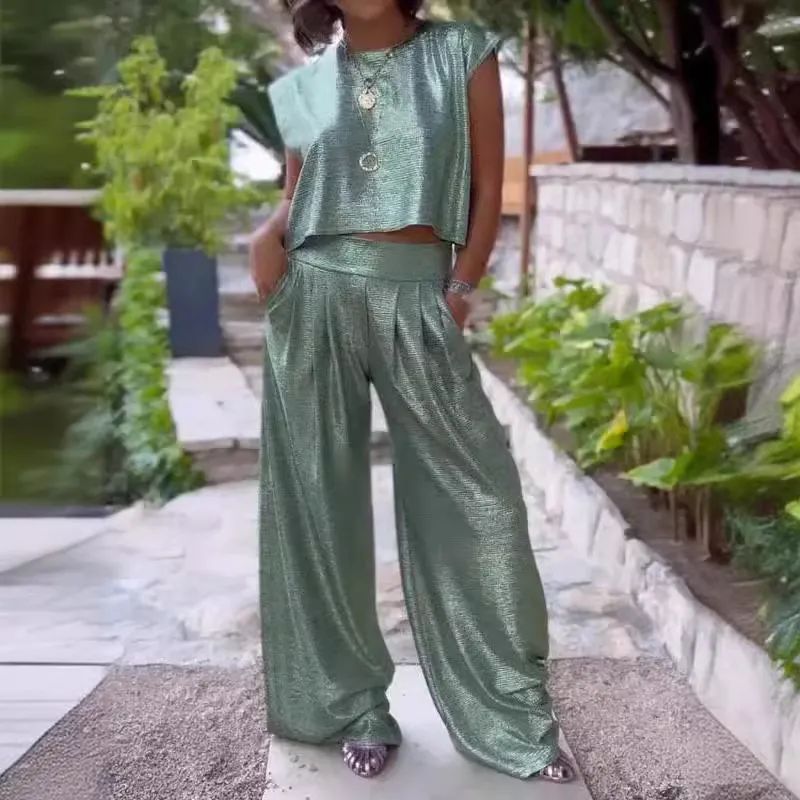 Women Fashion Solid Color Sleeveless Top And Wide Leg Pants Two-Piece Set