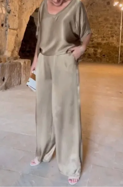 Women's Mercerized V-Neck Top and Wide Leg Pants Set - Solid Color Imitation Satin Japanese Korean Leisure Style