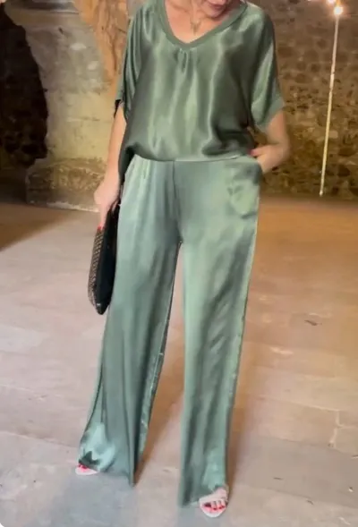 Women's Mercerized V-Neck Top and Wide Leg Pants Set - Solid Color Imitation Satin Japanese Korean Leisure Style