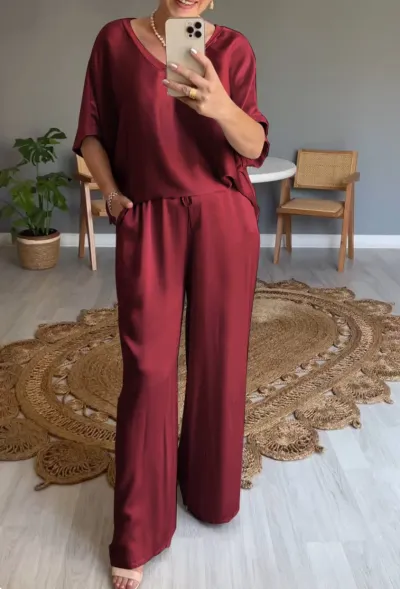Women's Mercerized V-Neck Top and Wide Leg Pants Set - Solid Color Imitation Satin Japanese Korean Leisure Style