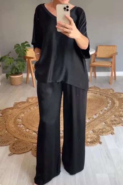 Women's Mercerized V-Neck Top and Wide Leg Pants Set - Solid Color Imitation Satin Japanese Korean Leisure Style