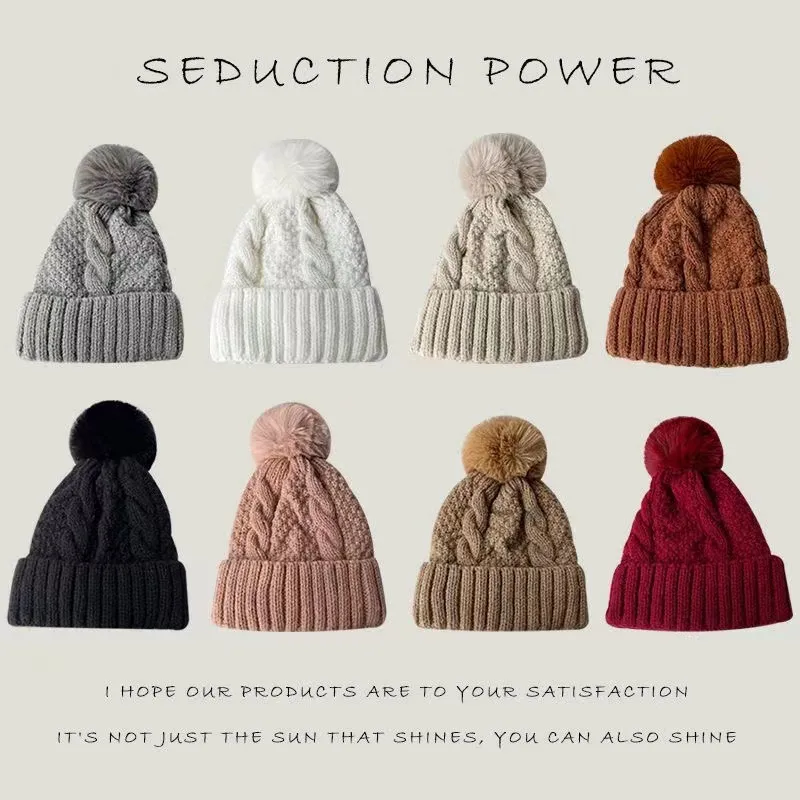Winter Fashion Solid Color Fur Ball Knitted Hat