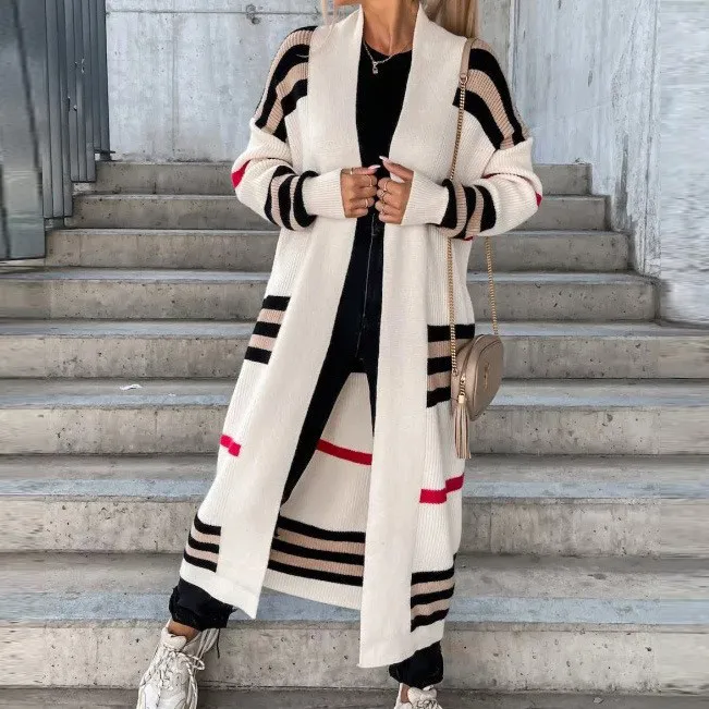 Autumn Winter Women Stripe Long Knitwear Cardigan Sweater Coat