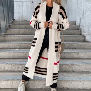 Autumn Winter Women Stripe Long Knitwear Cardigan Sweater Coat