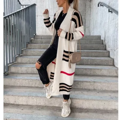 Autumn Winter Women Stripe Long Knitwear Cardigan Sweater Coat