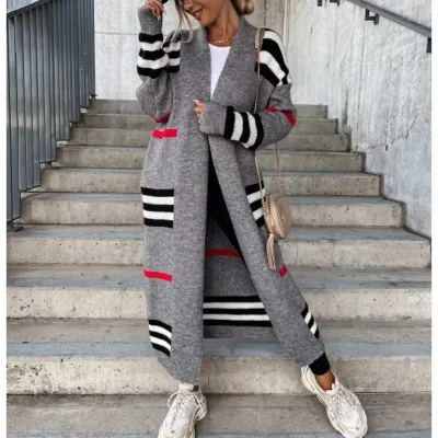 Autumn Winter Women Stripe Long Knitwear Cardigan Sweater Coat