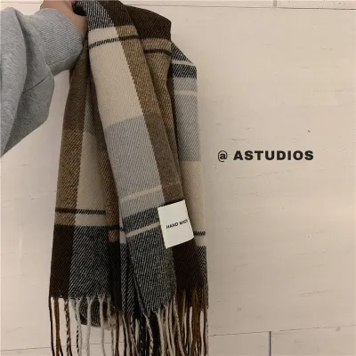 Men Winter Warm Plaid Long Tassel Scarf - Fashion Commuter Acrylic Imitation Cashmere