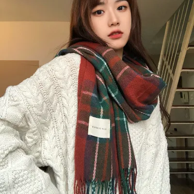 Men Winter Warm Plaid Long Tassel Scarf - Fashion Commuter Acrylic Imitation Cashmere
