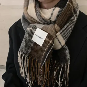 Men Winter Warm Plaid Long Tassel Scarf - Fashion Commuter Acrylic Imitation Cashmere