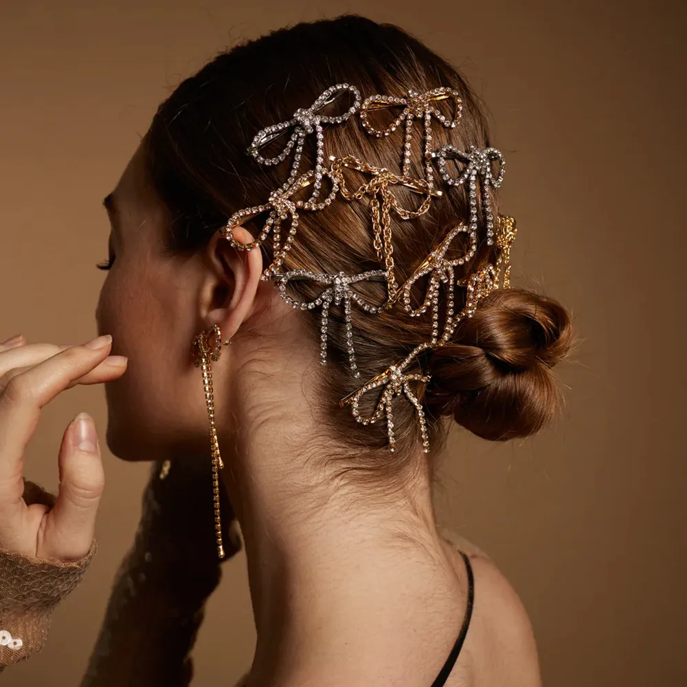 Sweet Elegant Bow Rhinestone Tassel Hairpin Women Hair Clip