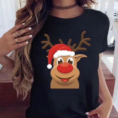 Women Fashion Cartoon Cute Christmas Tree Elk Truck Print Round Neck Short Sleeve T-Shirt