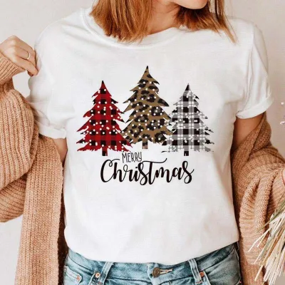 Women Fashion Cartoon Cute Christmas Tree Elk Truck Print Round Neck Short Sleeve T-Shirt
