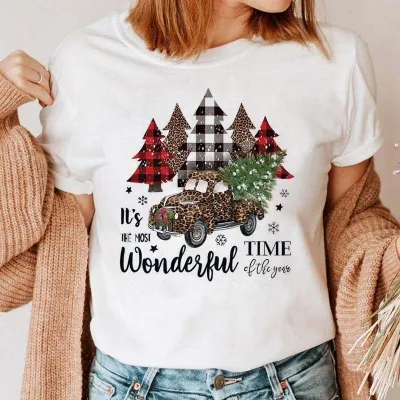 Women Fashion Cartoon Cute Christmas Tree Elk Truck Print Round Neck Short Sleeve T-Shirt