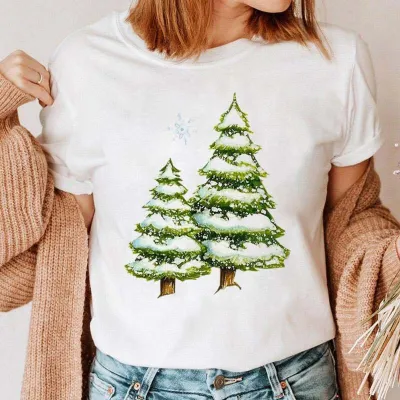 Women Fashion Cartoon Cute Christmas Tree Elk Truck Print Round Neck Short Sleeve T-Shirt