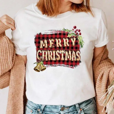 Women Fashion Cartoon Cute Christmas Tree Elk Truck Print Round Neck Short Sleeve T-Shirt