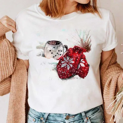 Women Fashion Cartoon Cute Christmas Tree Elk Truck Print Round Neck Short Sleeve T-Shirt