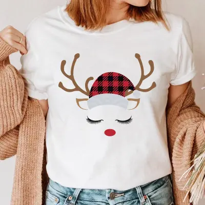 Women Fashion Cartoon Cute Christmas Tree Elk Truck Print Round Neck Short Sleeve T-Shirt