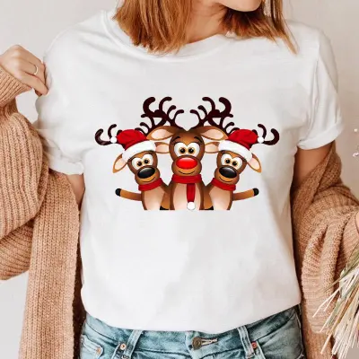 Women Fashion Cartoon Cute Christmas Tree Elk Truck Print Round Neck Short Sleeve T-Shirt