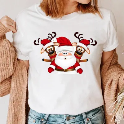 Women Fashion Cartoon Cute Christmas Tree Elk Truck Print Round Neck Short Sleeve T-Shirt