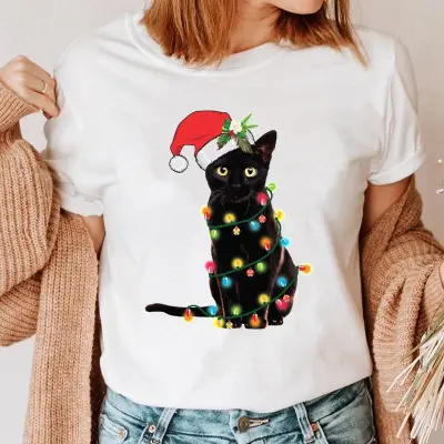 Women Fashion Cartoon Cute Christmas Tree Elk Truck Print Round Neck Short Sleeve T-Shirt